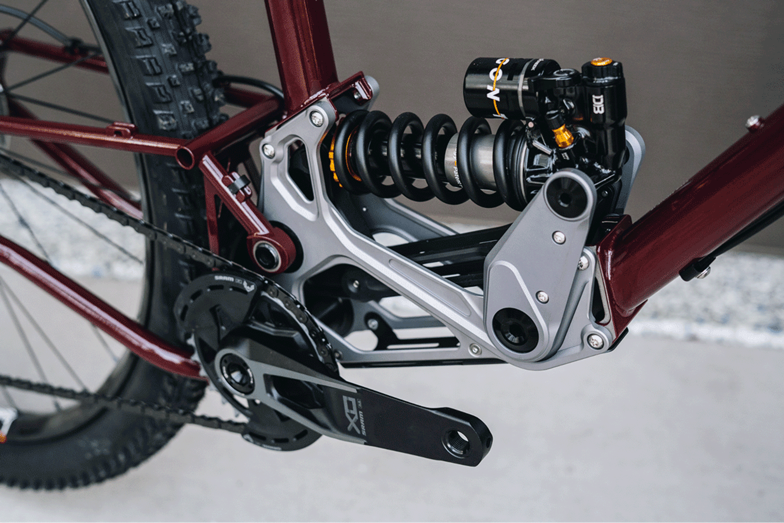 Close-up of the bike's suspension module.