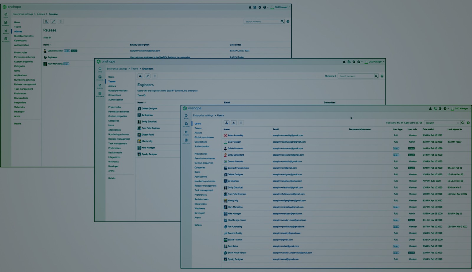 Collage of three Onshape GUIs with an overlay showing list of users and teams.