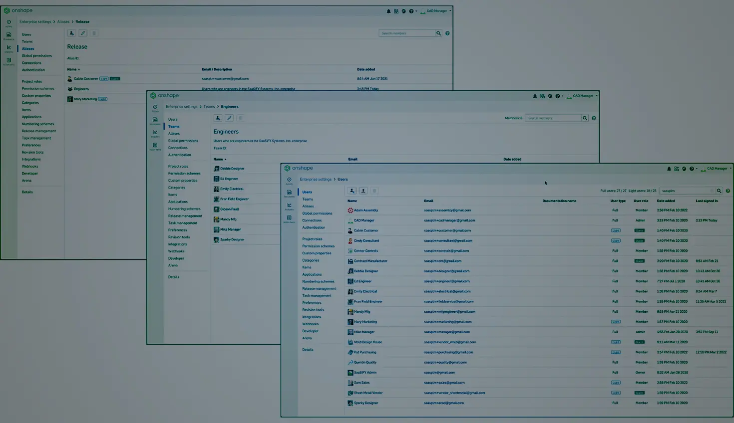 Collage of three Onshape GUIs with an overlay showing list of users and teams.