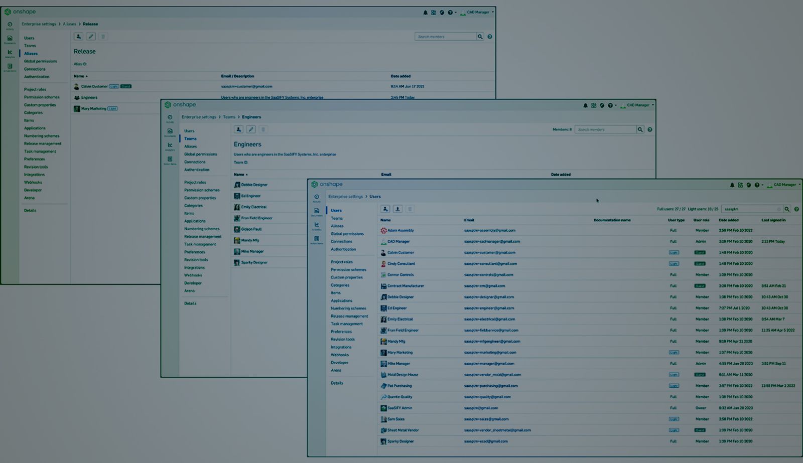 Collage of three Onshape GUIs with an overlay showing list of users and teams.
