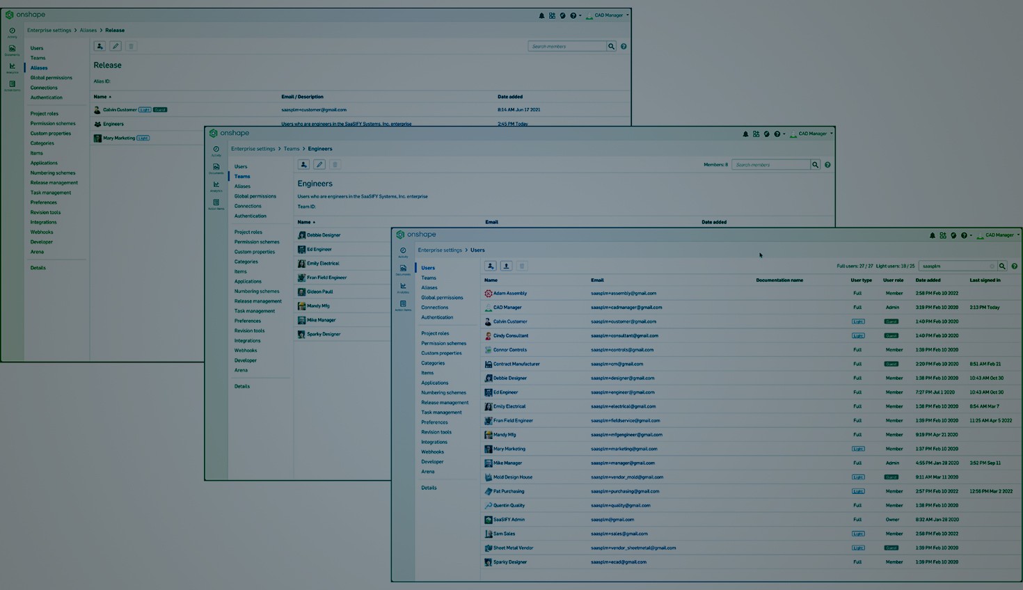Collage of three Onshape GUIs with an overlay showing list of users and teams.