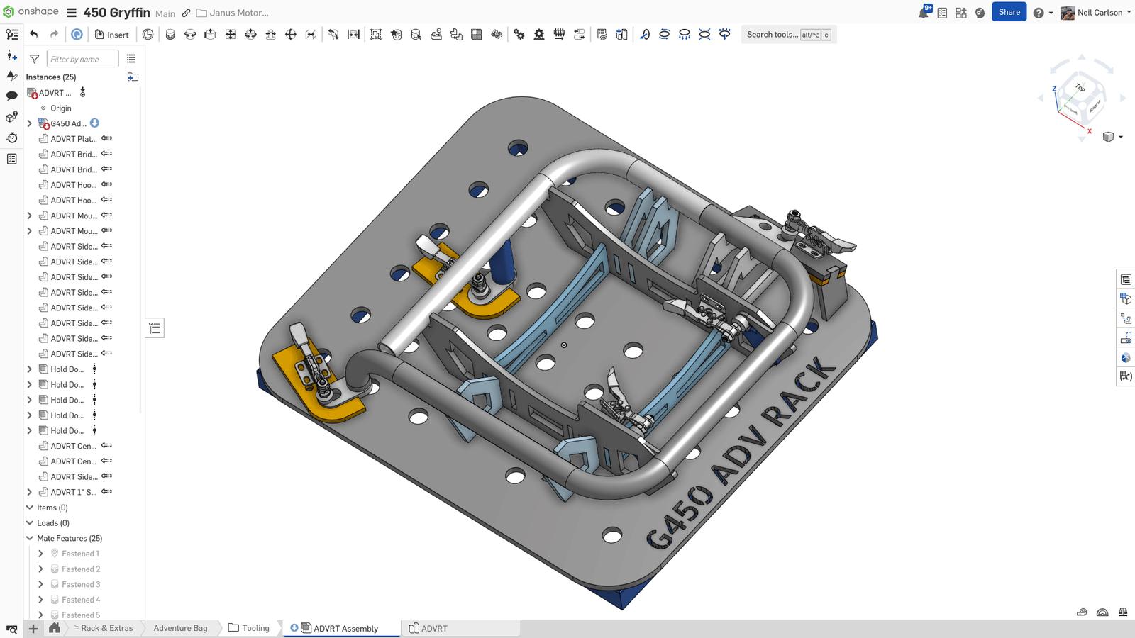 Image showing a 3D-modeled ADV rack design for Gryffin 450cc motorcycle in Onshape.
