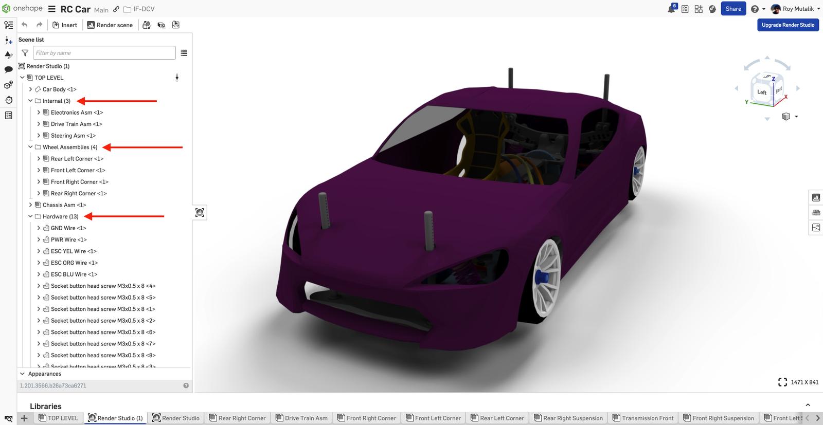 Image showing Assembly Folder Structure for a CAD model of a car in Onshape.