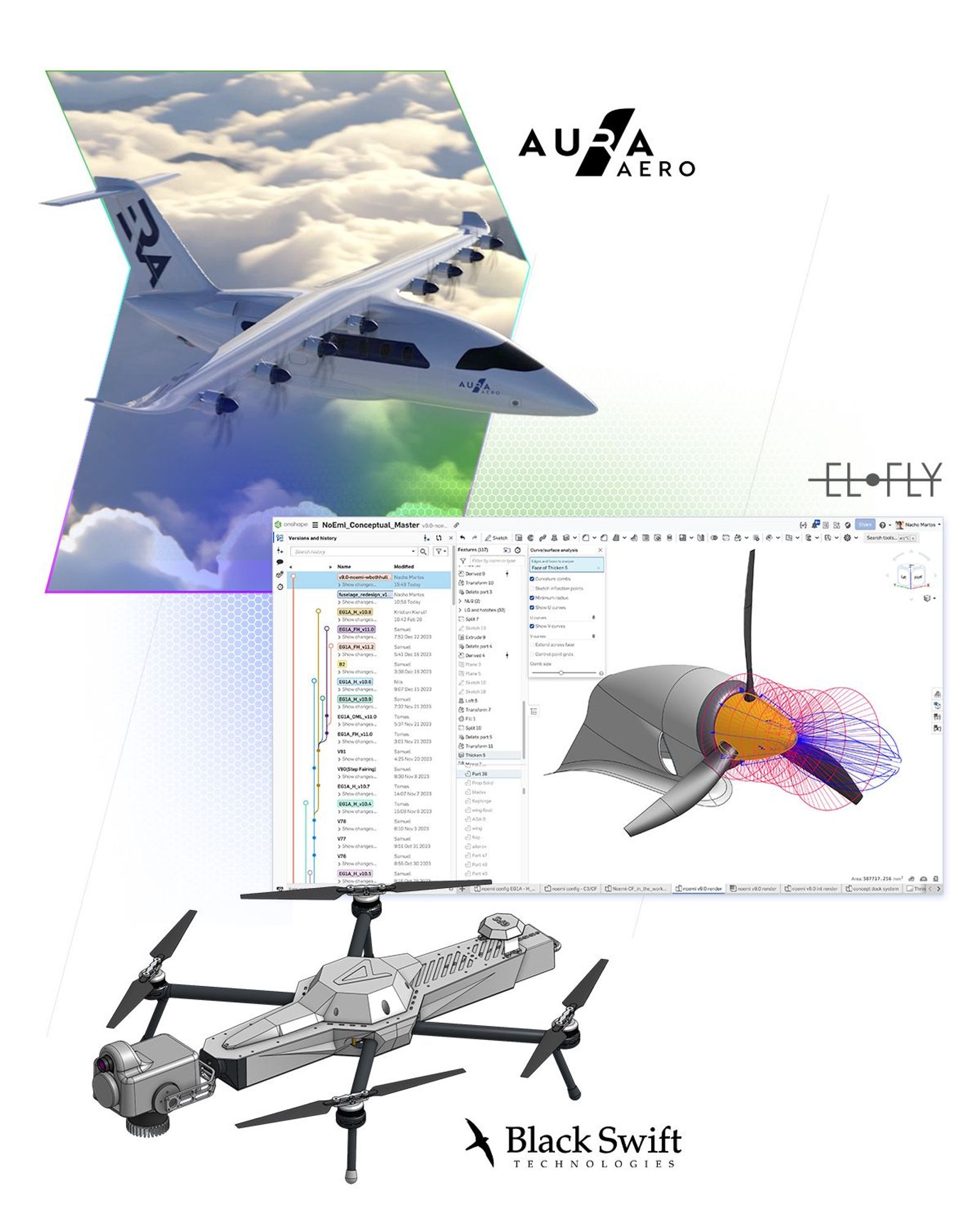 A collage of aviation models designed in Onshape.