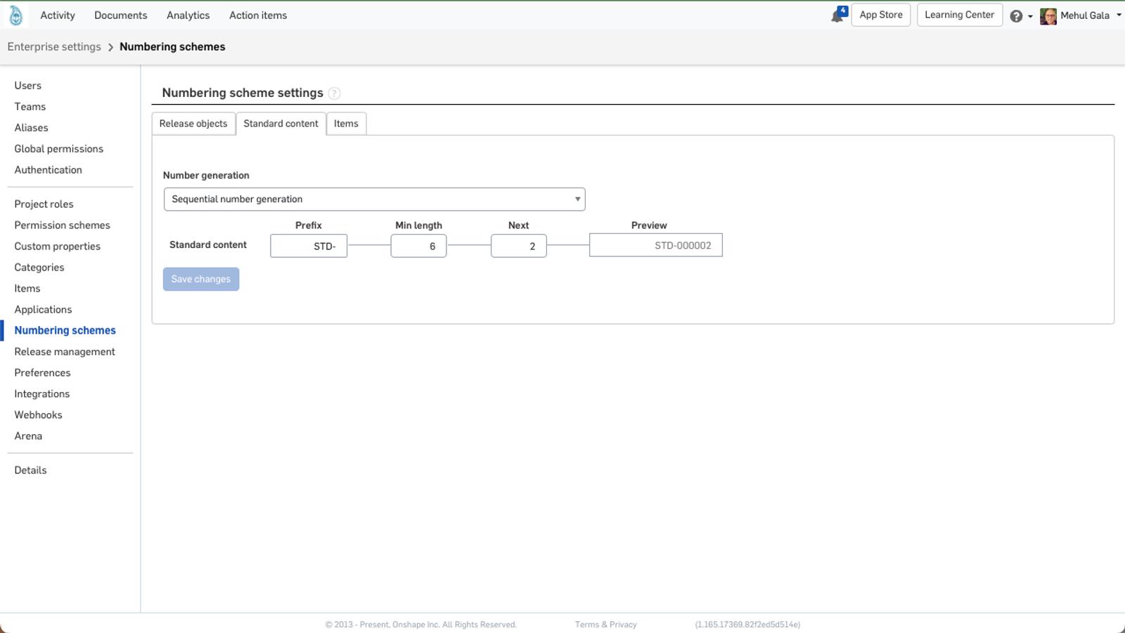 Numbering scheme settings.