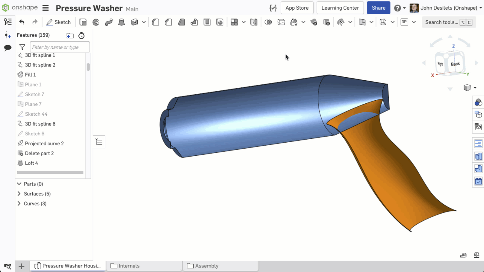 Onshape GUI showing 3D-modeled pressure washer and the features list.