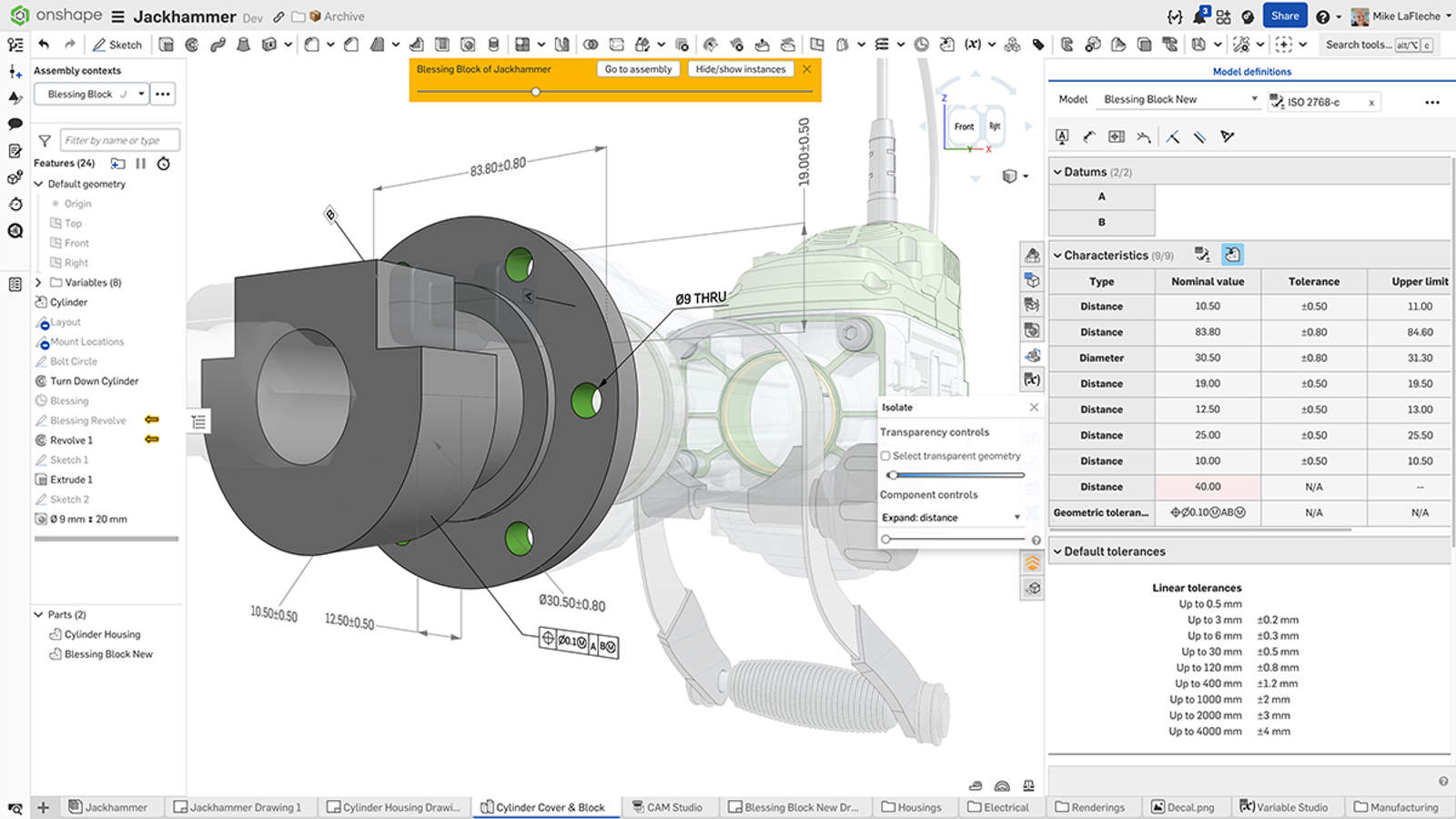 Onshape GUI showing a 3D model of a jackhammer designed with MBD.