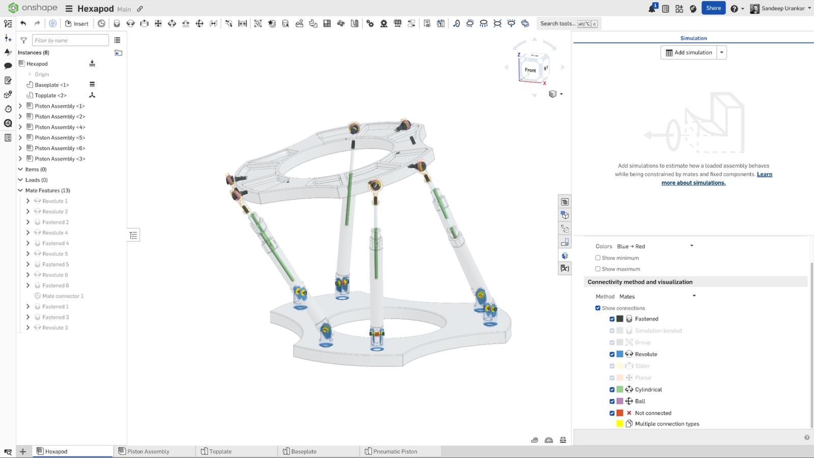 Onshape GUI showing a 3D-modeled assembly of a hexapod, detailing mates.
