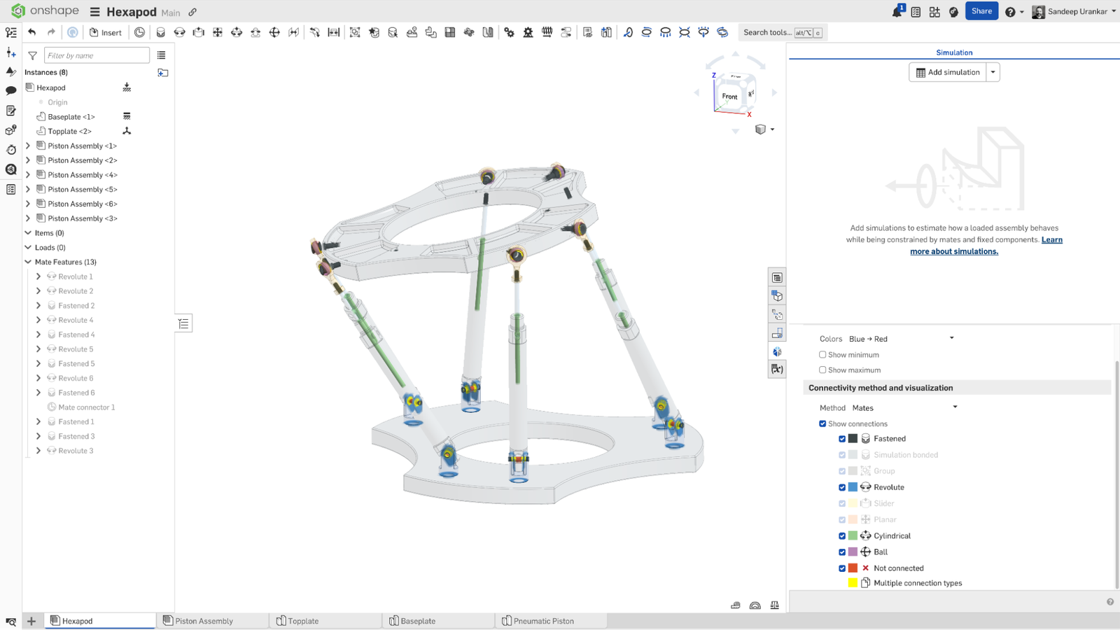 Onshape GUI showing a 3D-modeled assembly of a hexapod, detailing mates.