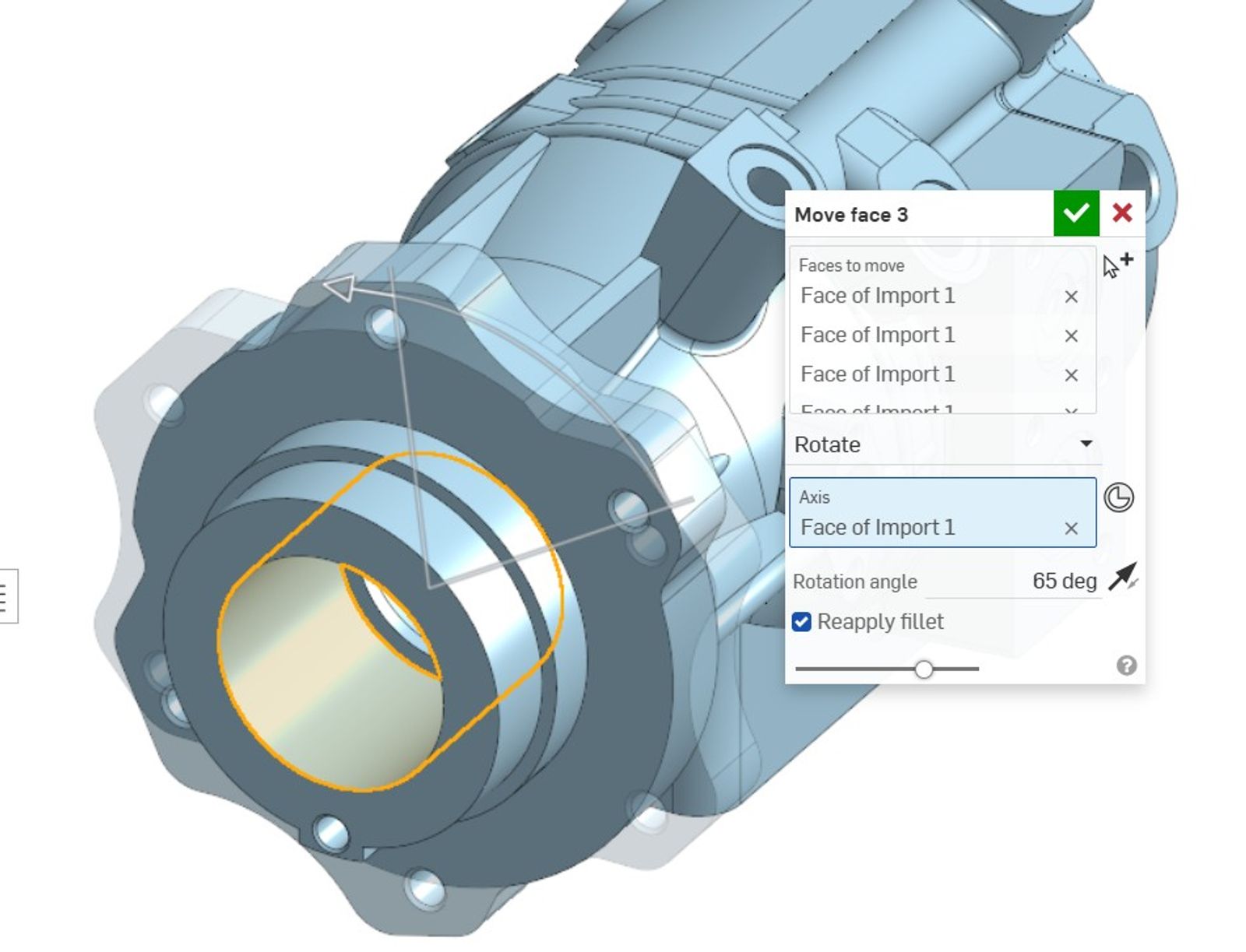 Onshape GUI showing a 3D-modeled pump part and the Move face 3 dialog open.
