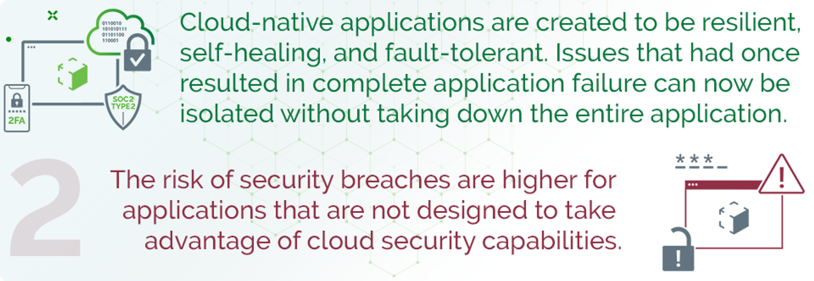 Cloud-native applications are created to be resilient, self-healing, and fault-tolerant. Issues that had once resulted in complete application failure can now be isolated without taking down the entire application. The risk of security breaches are higher for applications that are not designed to take advantage of cloud security capabilities.