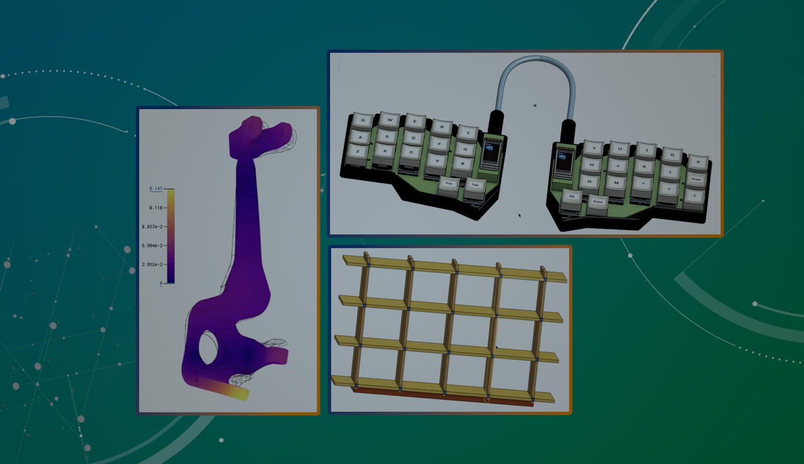 Collage with an overlay showing three CAD models built in Onshape.