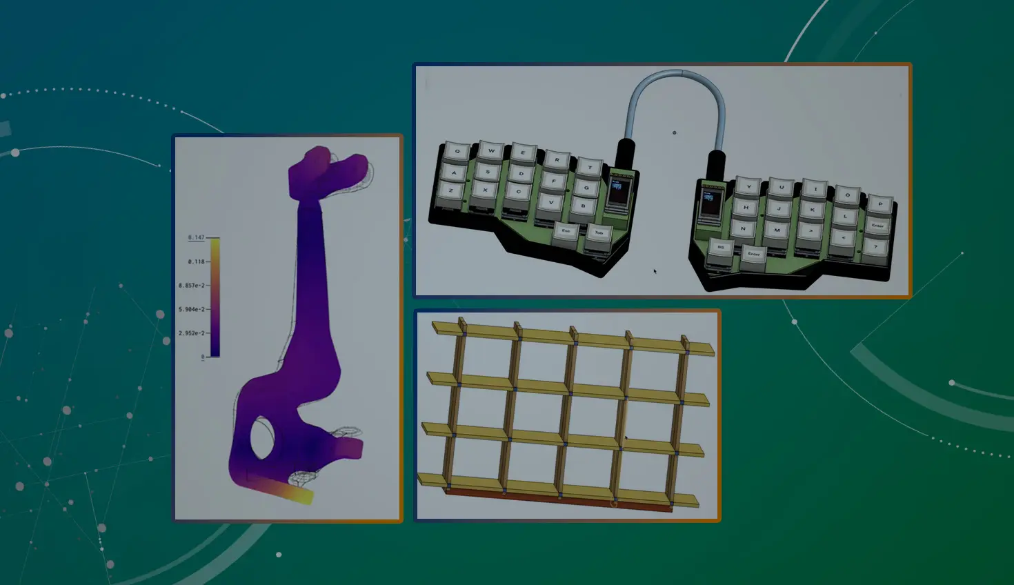 Collage with an overlay showing three CAD models built in Onshape.