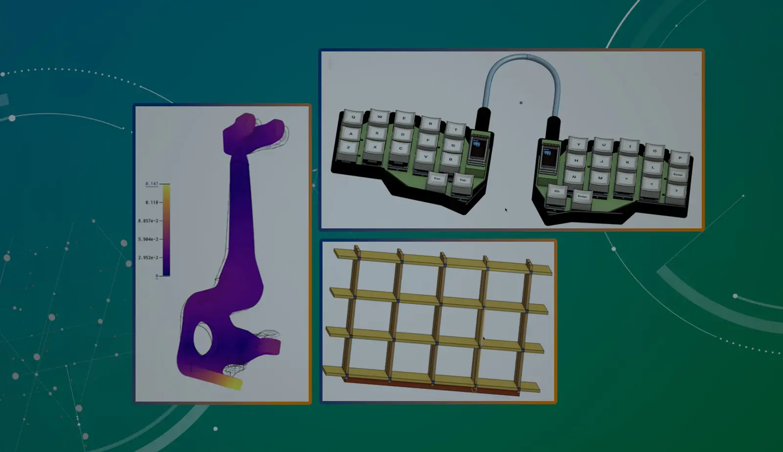 Collage with an overlay showing three CAD models built in Onshape.
