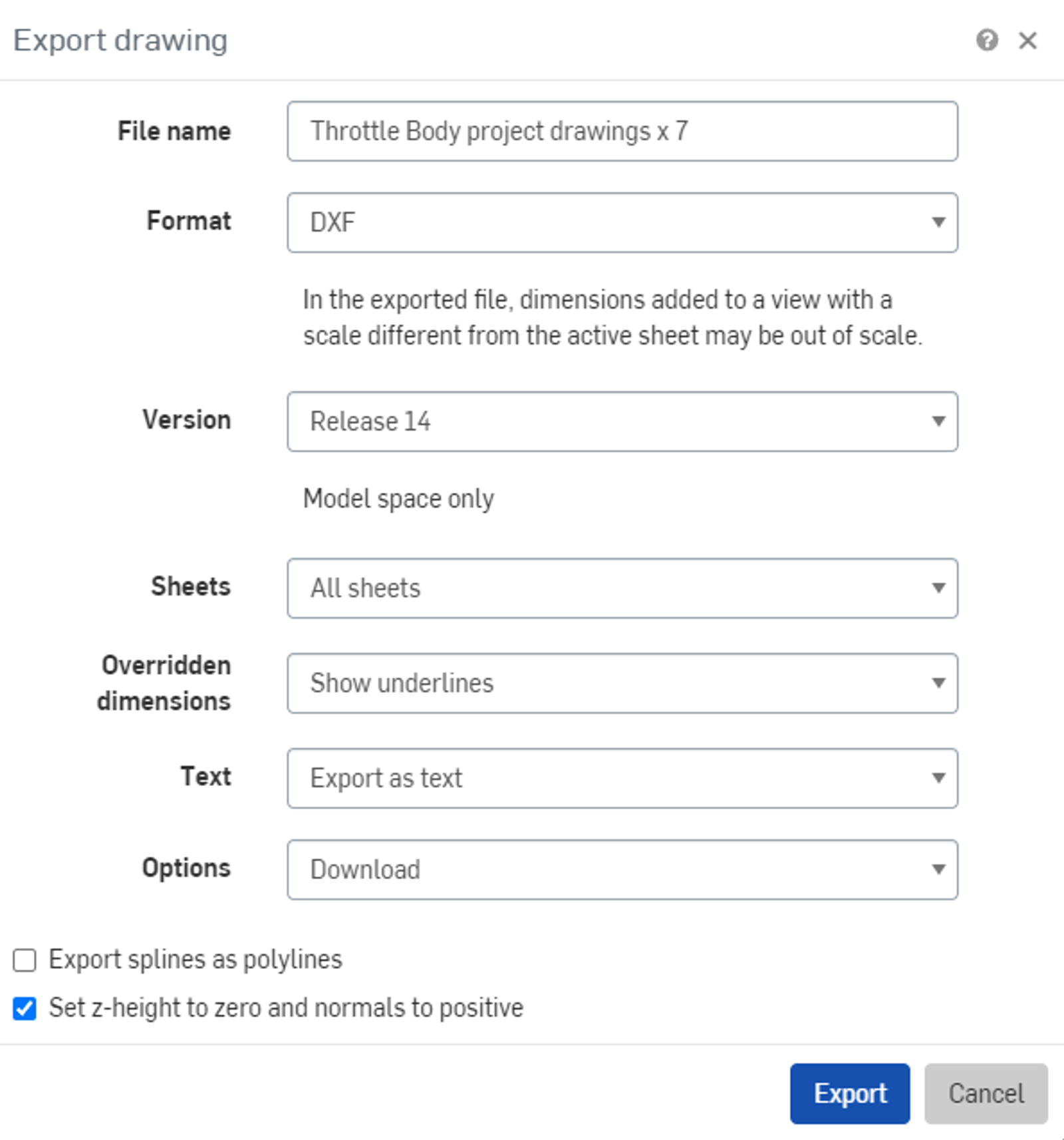 export drawing dialog