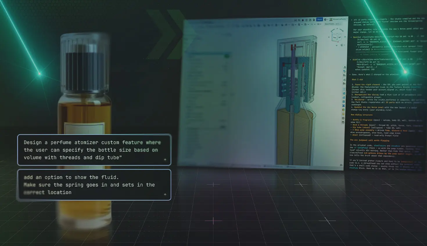 Illustration with an overlay showing an AI prompt, Onshape GUI, and a rendered model.