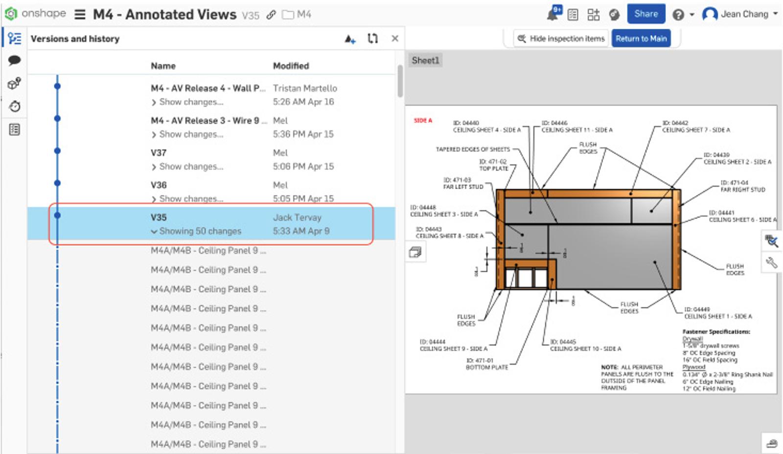 Annotated views of a Reframe ceiling panel CAD model in Onshape