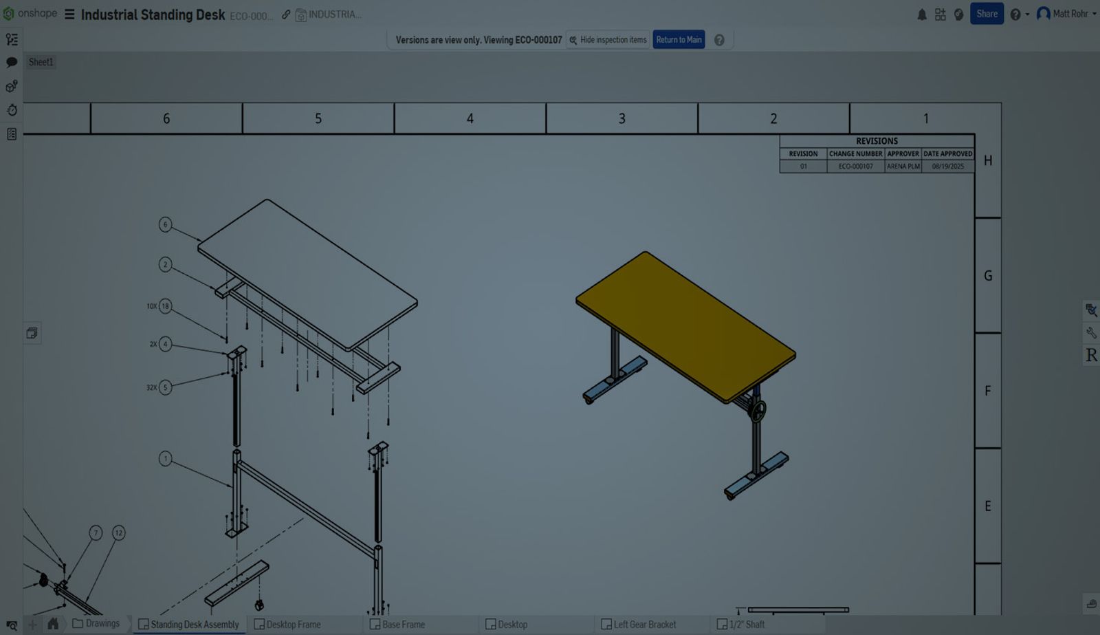 Onshape GUI with an overlay showing a CAD drawing of an industrial standing desk.