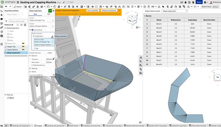 Onshape GUI showing a 3D-modeled sealing and capping machine made of sheet metal.