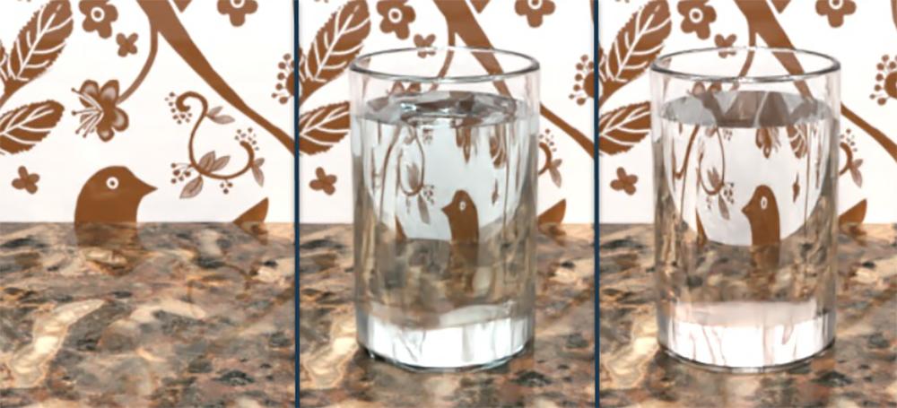 The first image shows the back wall and marble table surface. When the glass and liquid are placed, the effect of light transmission, reflection, and refraction of the glass and water against those surfaces is seen in the second and third images.