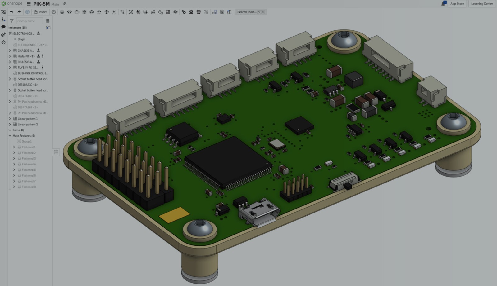 Onshape GUI with an overlay showing a part in PCB Studio.