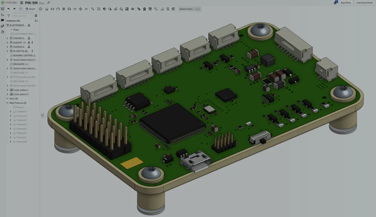 Onshape GUI with an overlay showing a part in PCB Studio.