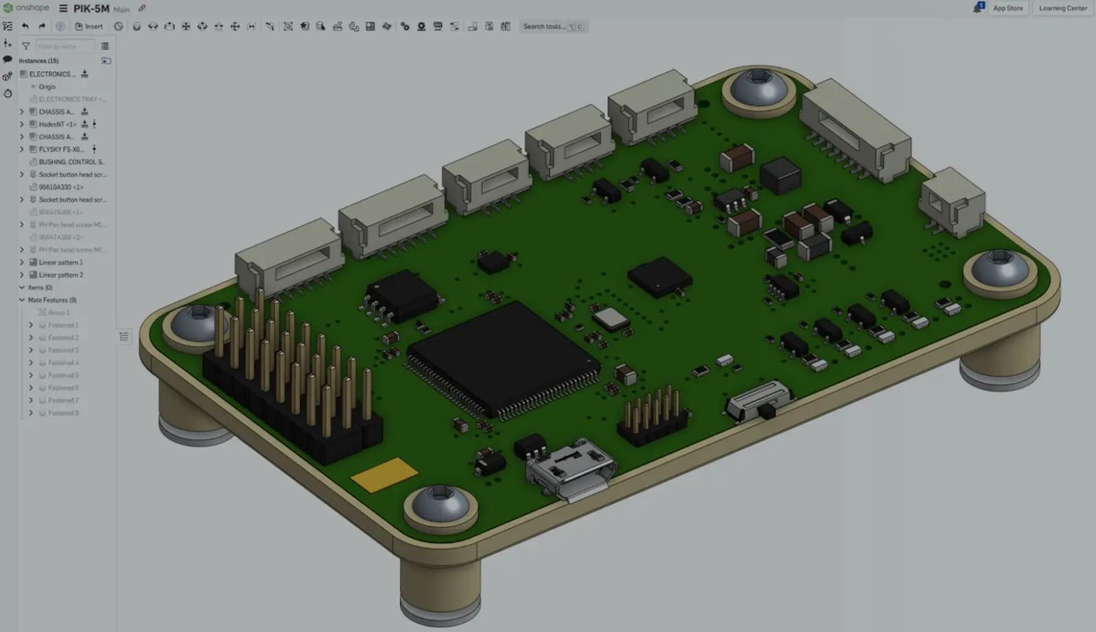 Onshape GUI with an overlay showing a part in PCB Studio.