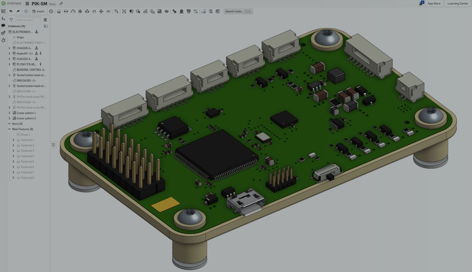 Onshape GUI with an overlay showing a part in PCB Studio.