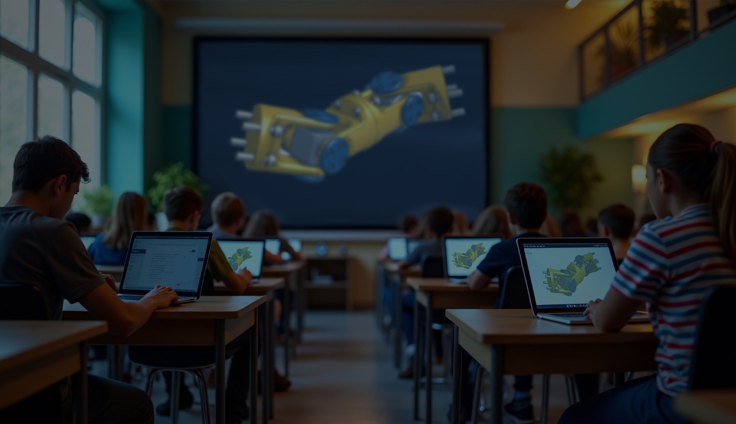 Stock image with an overlay showing students in a classroom and a CAD model on computer screens.