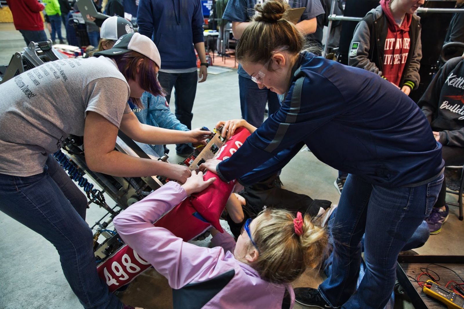 Students working on a robot.