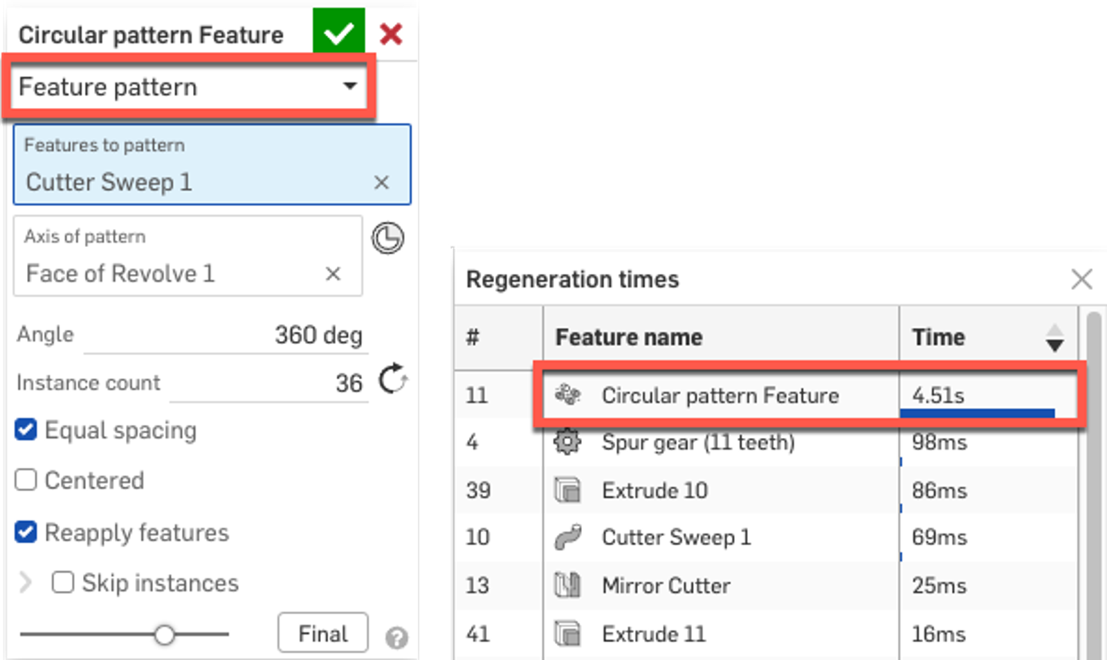 Cutter Sweep 1 feature appears in the light blue Features to pattern box