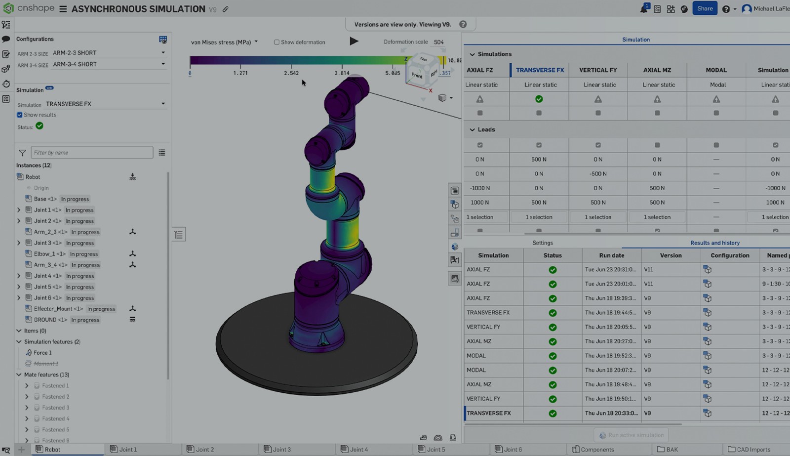 Onshape GUI with an overlay showing a 3D-modeled robotic arm and asynchronous simulations.