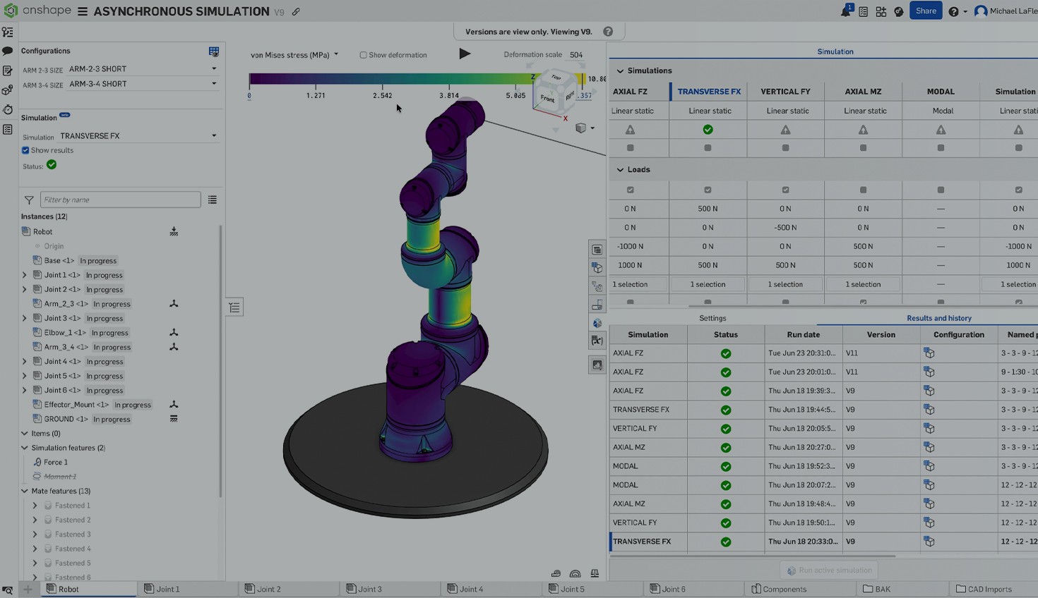 Onshape GUI with an overlay showing a 3D-modeled robotic arm and asynchronous simulations.