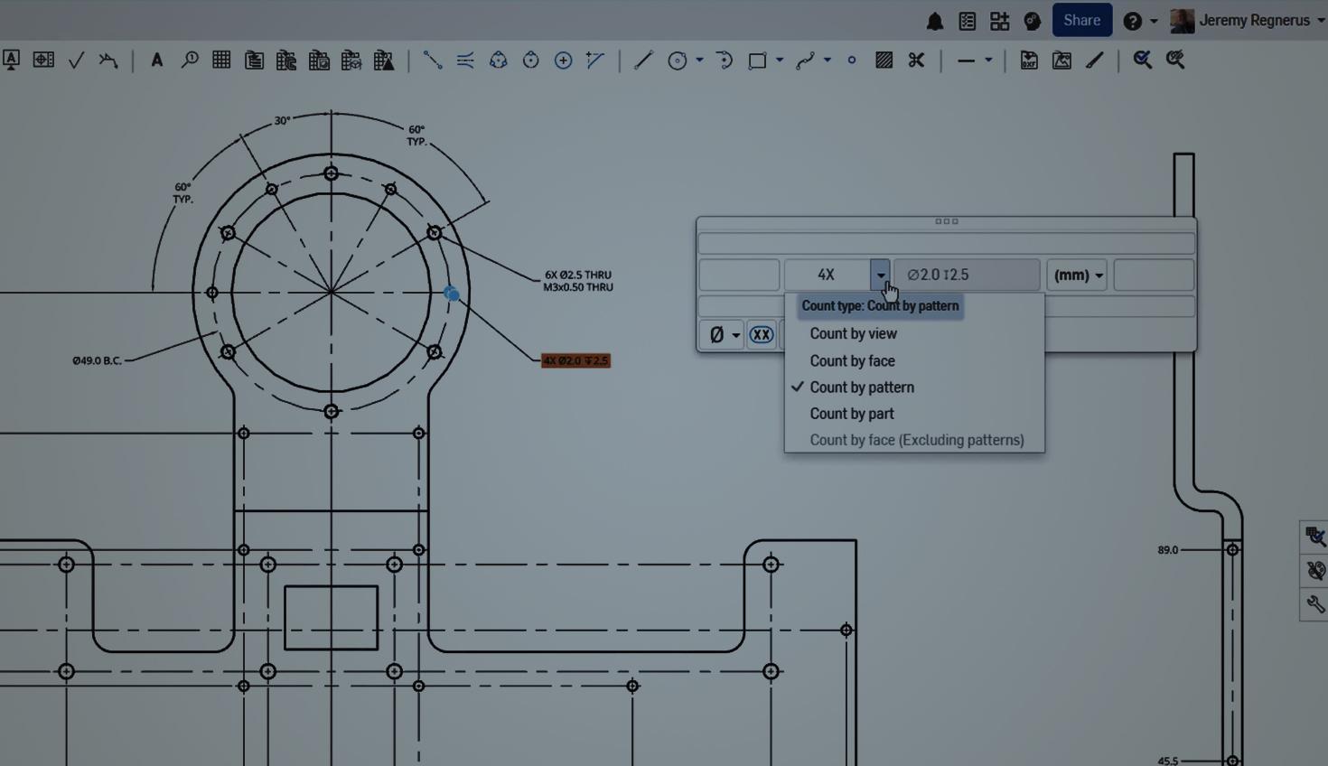 Onshape GUI with an overlay showing hole options in a Drawing.