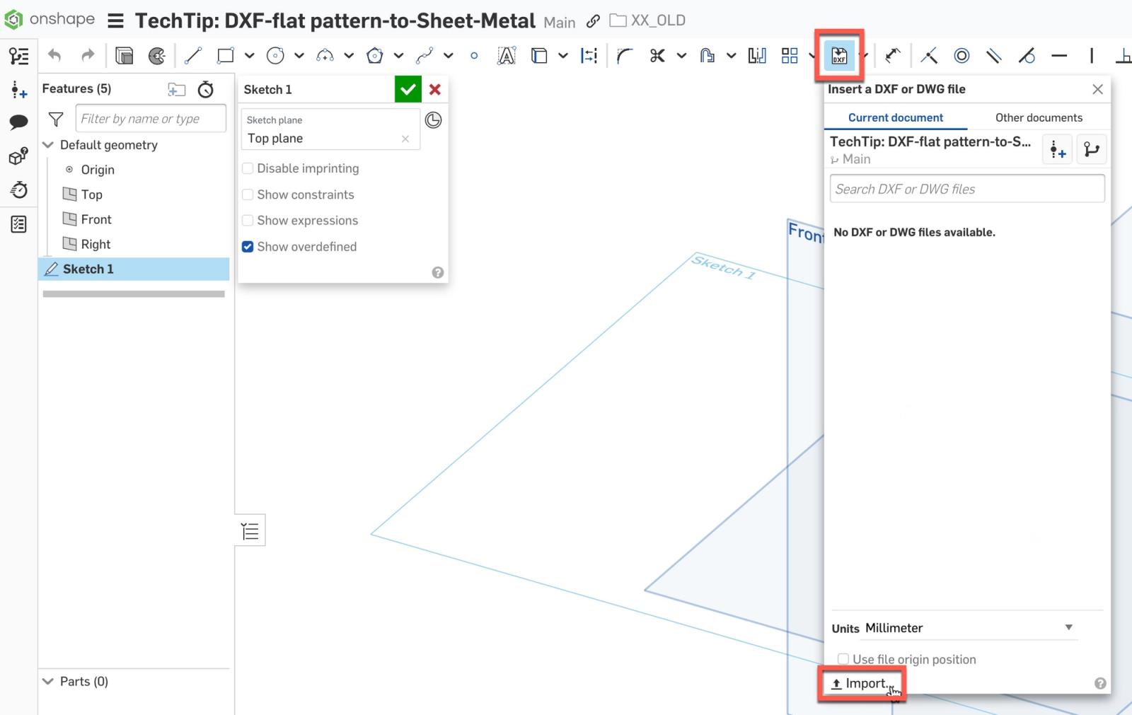 Inserting a DXF file to an Onshape sketch