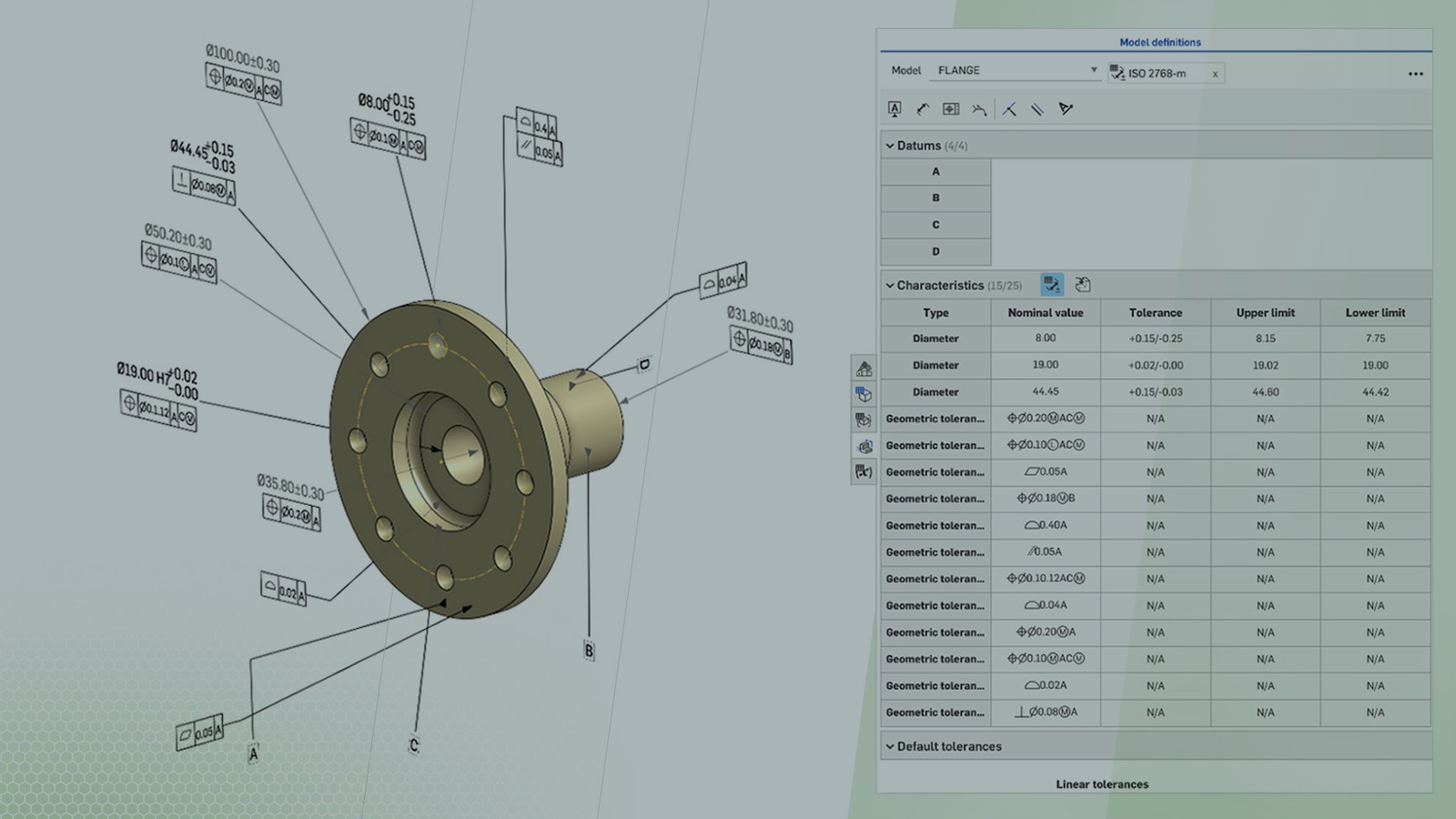 Onshape GUI with an overlay showing MBD annotations on a 3D-modeled flange.
