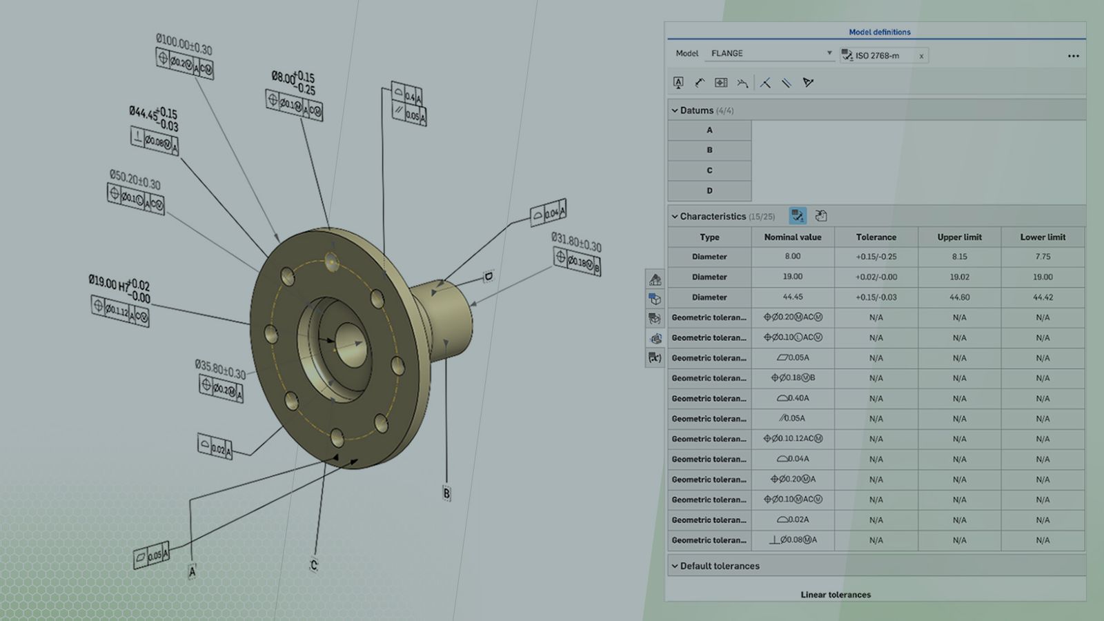 Onshape GUI with an overlay showing MBD annotations on a 3D-modeled flange.