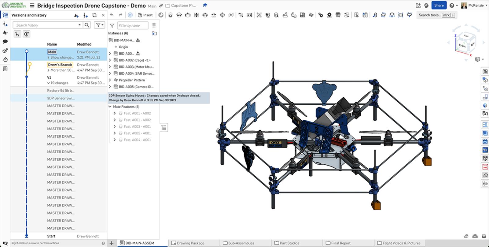 Onshape GUI showing a 3D modeled Bridge Inspection Drone in Onshape used for a demo.