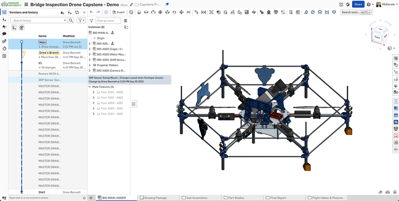 Onshape GUI showing a 3D modeled Bridge Inspection Drone in Onshape used for a demo.