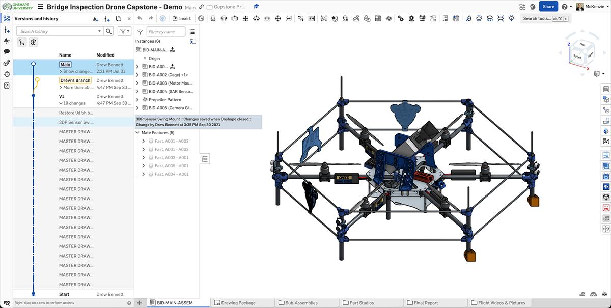 Onshape GUI showing a 3D modeled Bridge Inspection Drone in Onshape used for a demo.