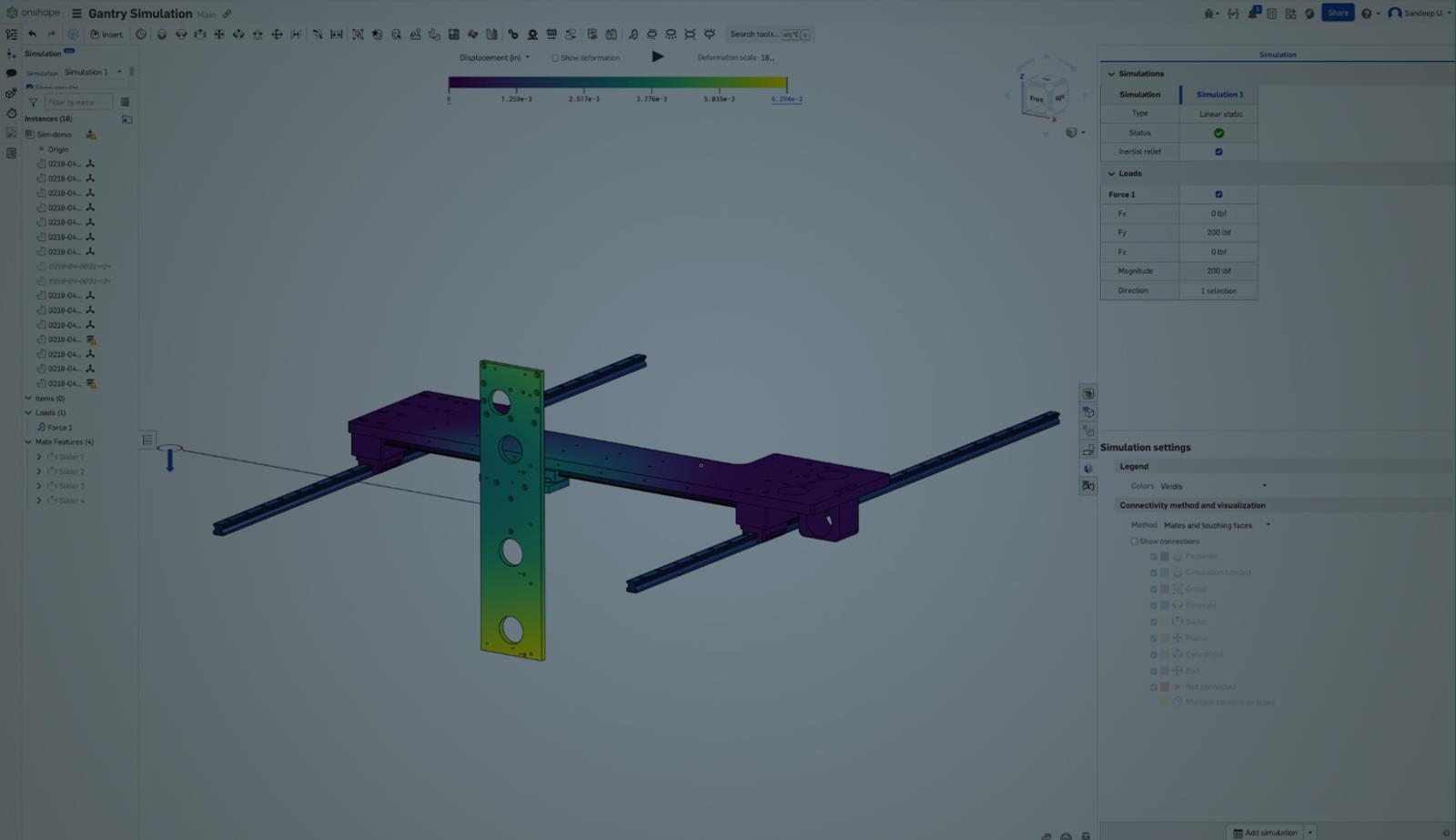 Onshape GUI with an overlay showing simulation results.