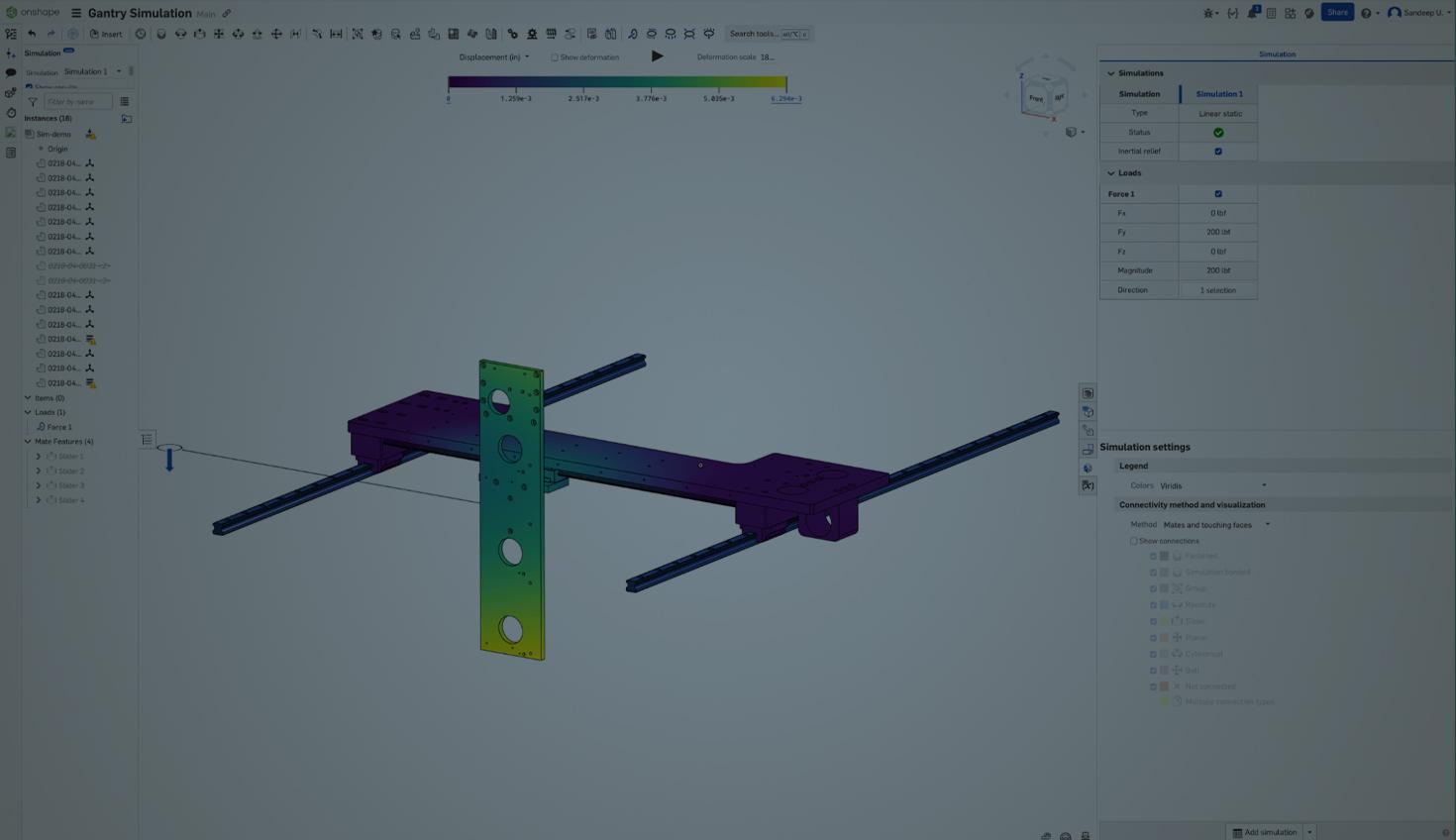 Onshape GUI with an overlay showing simulation results.