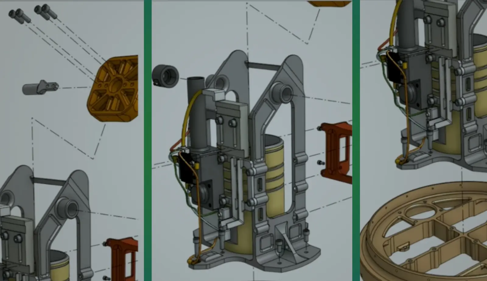 Collage with an overlay showing a CAD model designed in Onshape at different heights.