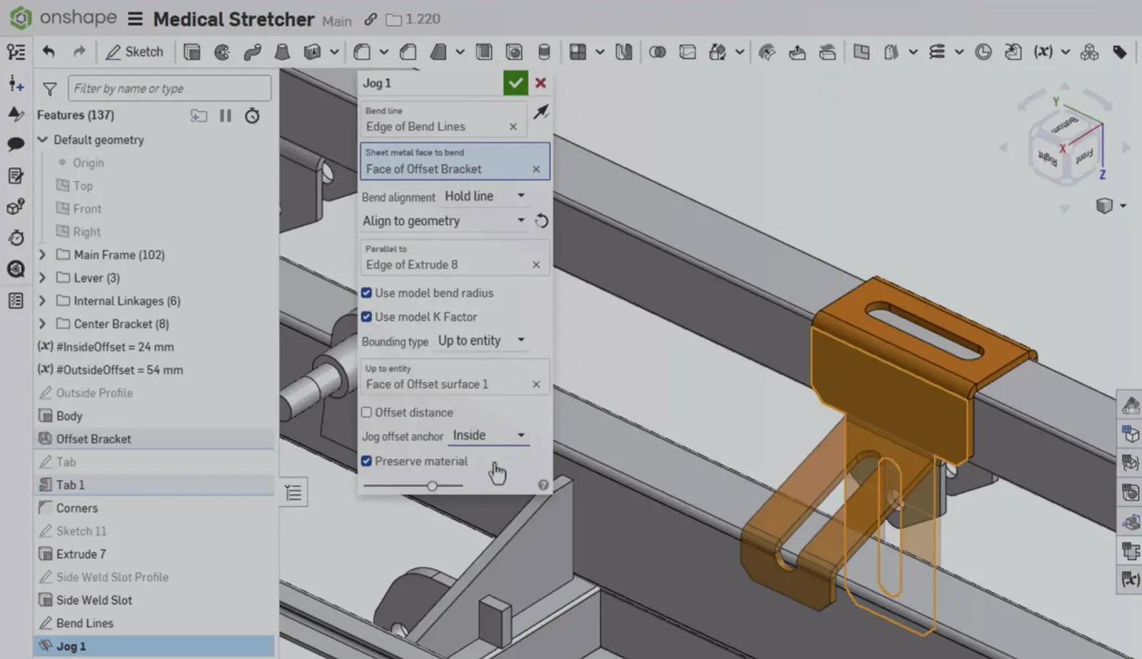 Onshape GUI with an overlay showing a new sheet metal feature.