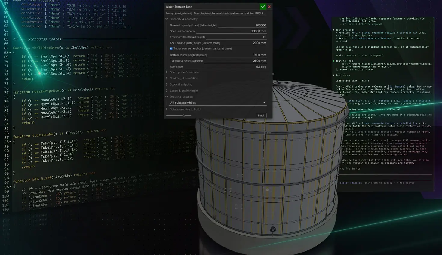 Hero image with an overlay illustrating a CAD model, FeatureScript, and an LLM.