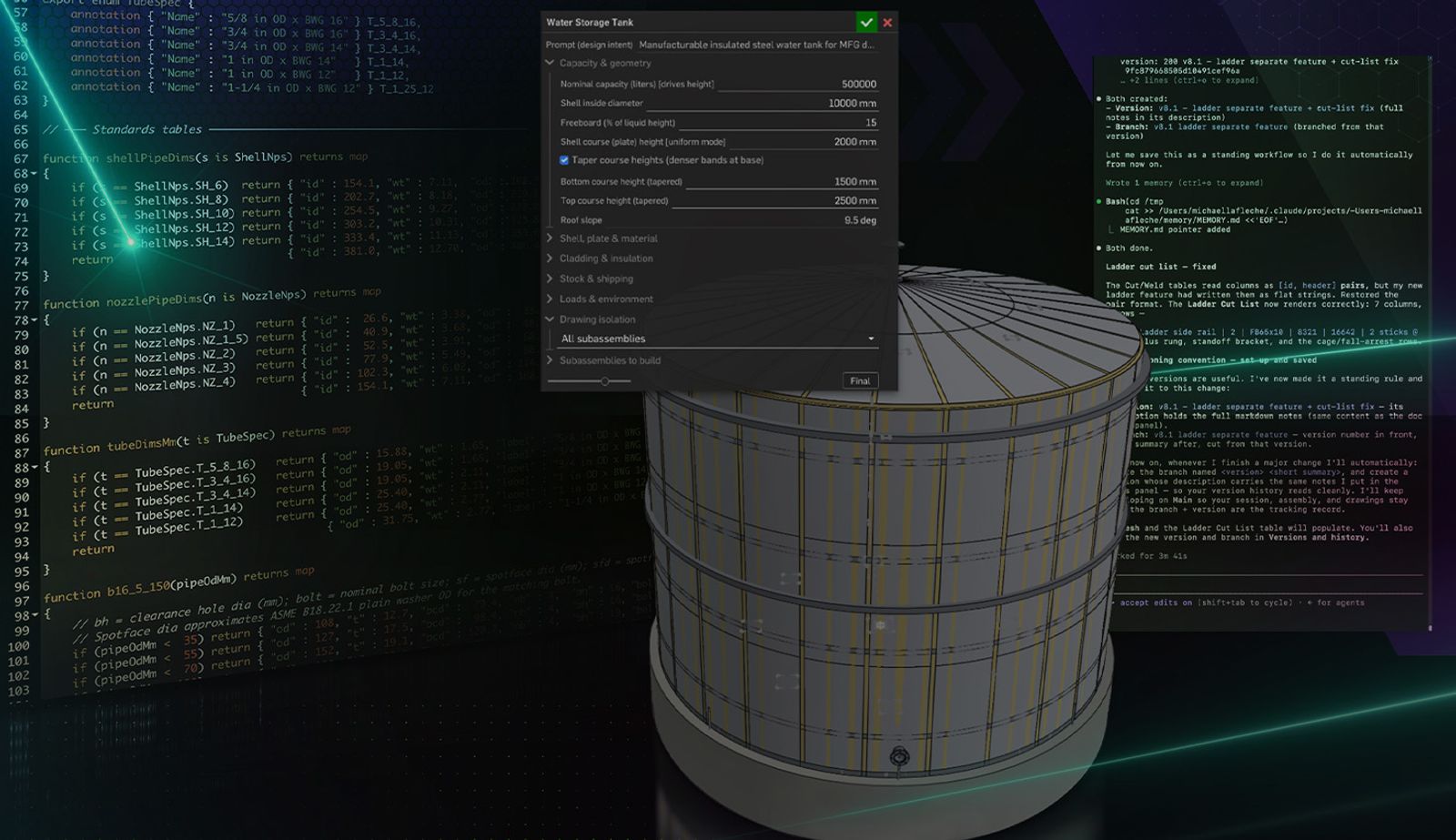 Hero image with an overlay illustrating a CAD model, FeatureScript, and an LLM.