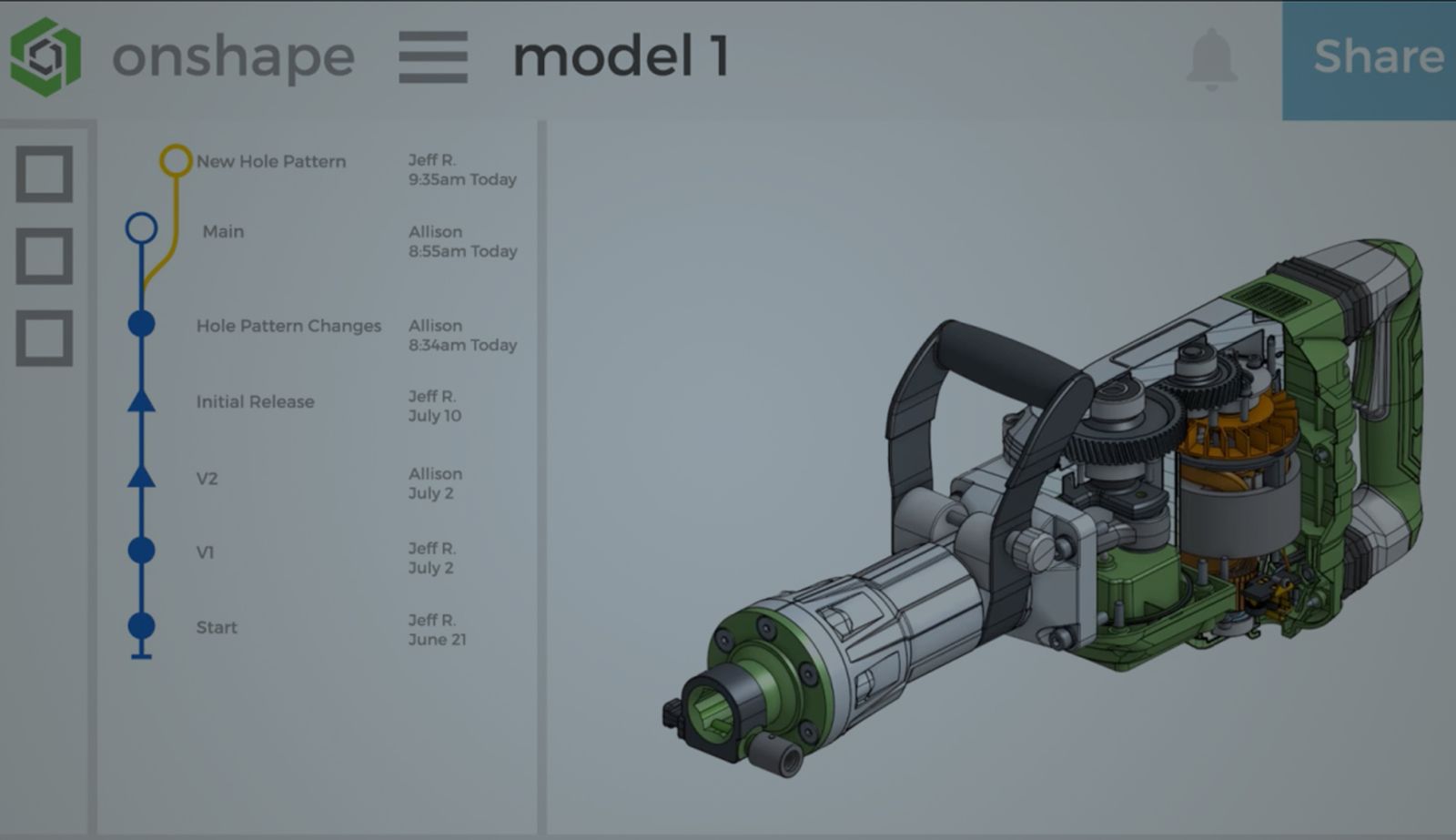 Image with an overlay showing a real Onshape CAD model in a cartoon-ish workspace.