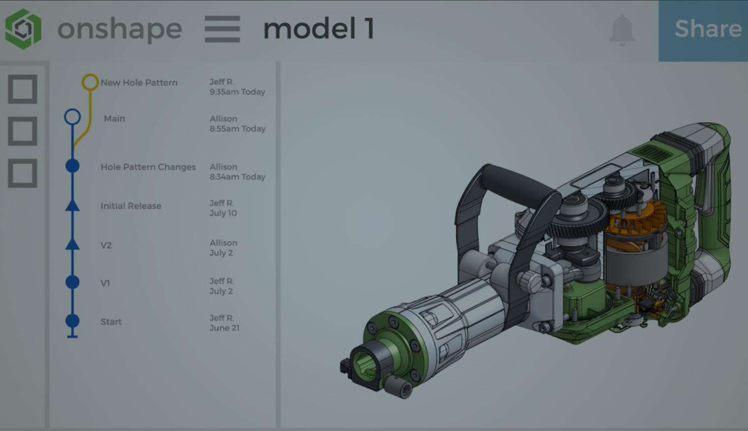 Image with an overlay showing a real Onshape CAD model in a cartoon-ish workspace.