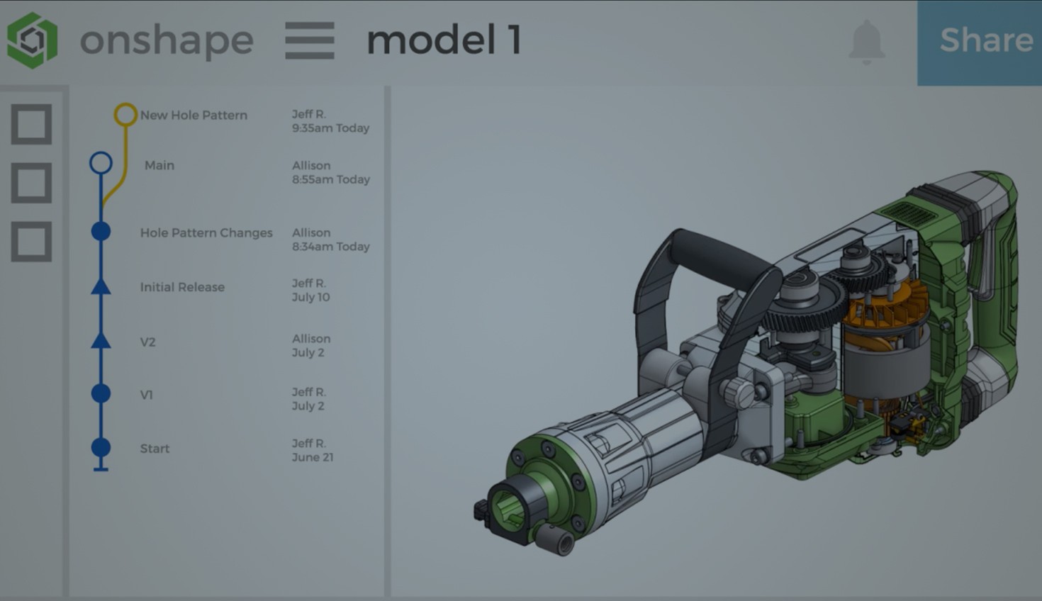 Image with an overlay showing a real Onshape CAD model in a cartoon-ish workspace.