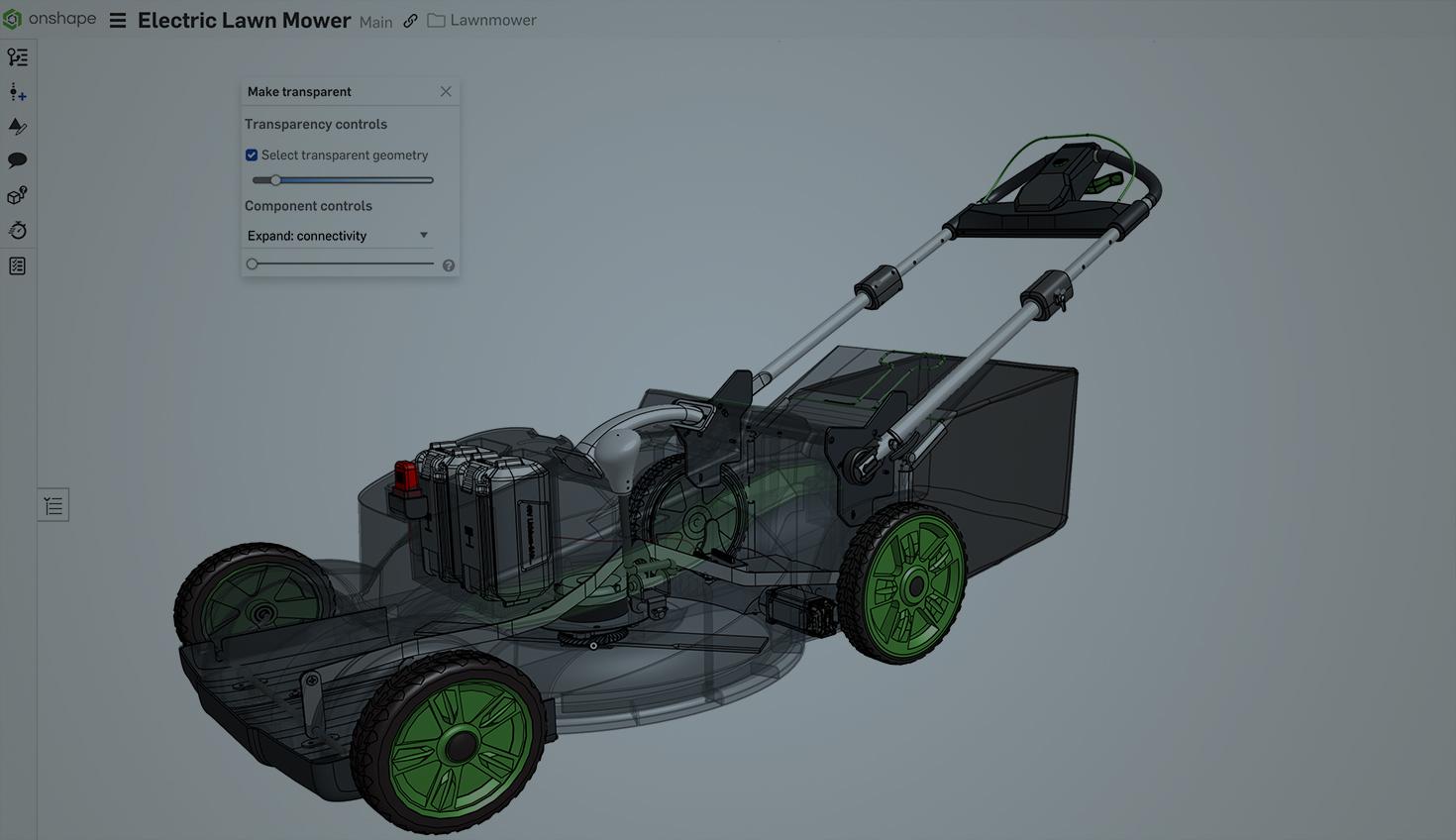 Image with an overlay showing an electric lawn mower CAD model in Onshape.
